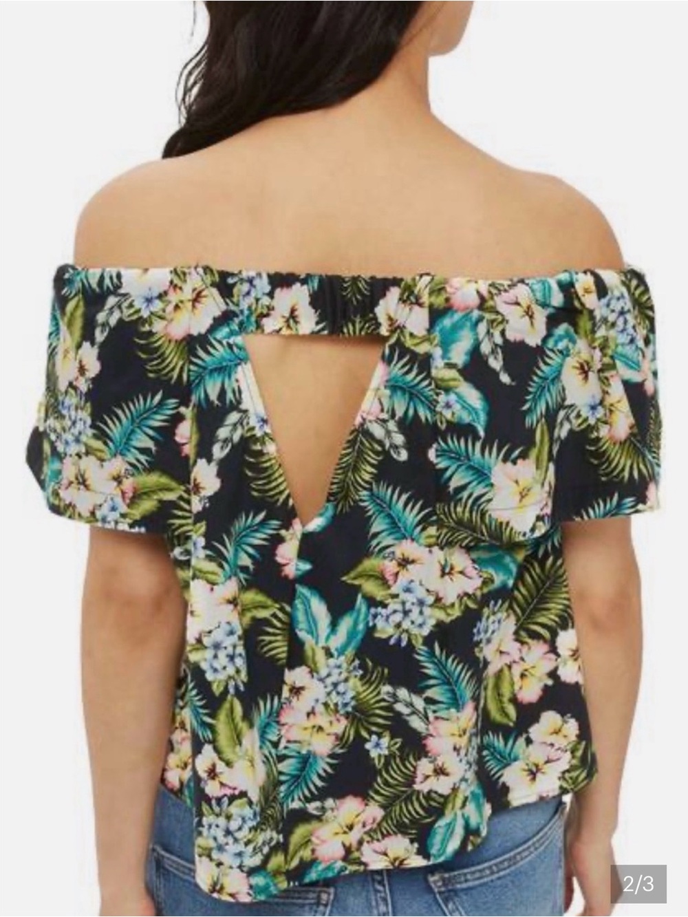 Topshop Black Floral Off-Shoulder Ruffle Top NWT - Picture 2 of 3